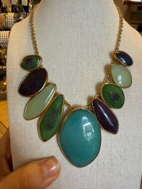 Stella & Dot Gold-Tone Multi-Stone Statement Necklace in Teal, Green, Purple